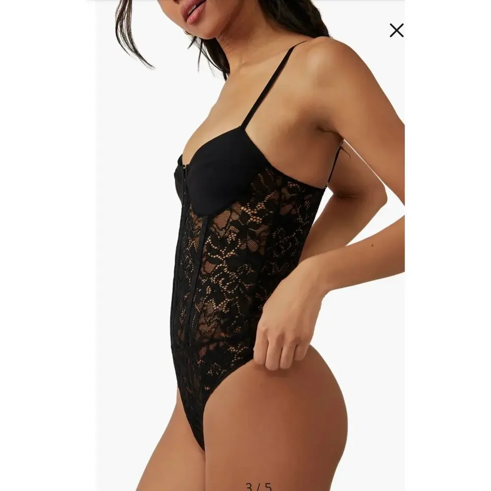 Free People Night Rhythm Lace Bodysuit Black XL